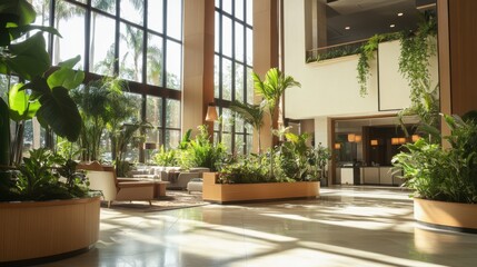 Spacious hotel lobby with natural light and indoor plants