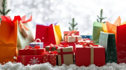 A festive winter-themed shopping scene with eco friendly packaging, showcasing a safe and joyful holiday shopping experience during the pandemic, environment, colorful, joyful