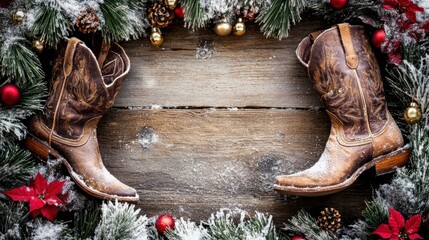Rustic Christmas frame with cowboy boots, pine garland, and bells surrounding an empty center, snowy wooden background for a western holiday look