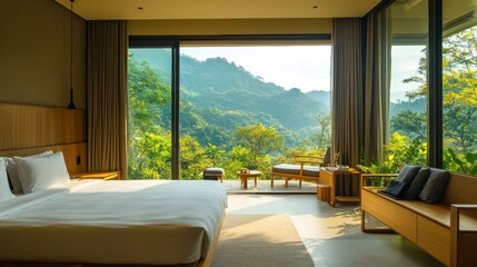 Fototapeta premium Spacious hotel room with minimalist design and a view of a lush green valley