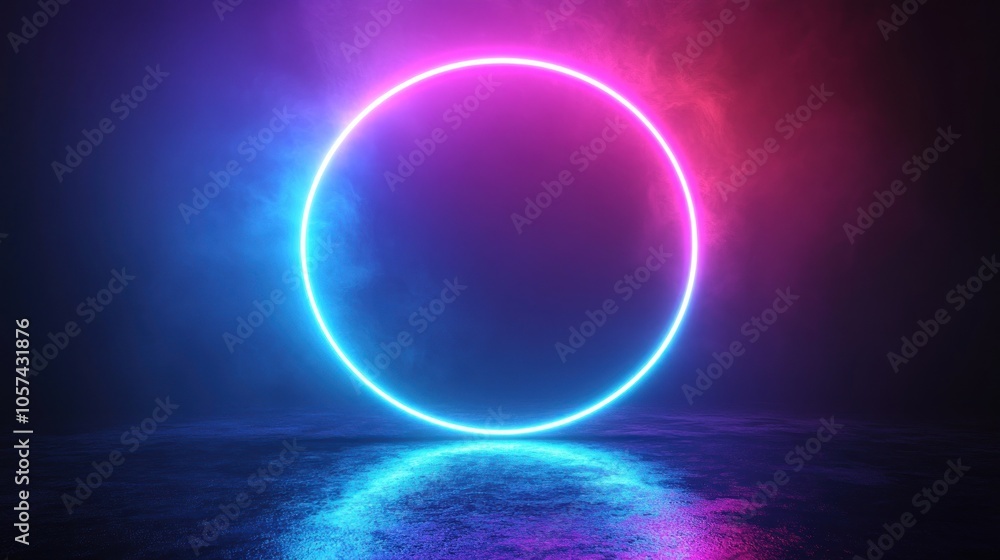 Poster a glowing neon circle in a misty atmosphere, creating a vibrant and modern visual effect.