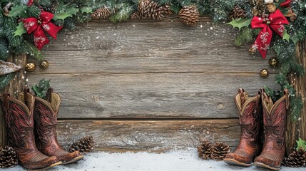 Framed western Christmas scene with blank space in the center bordered by rustic wood and decorated with holly, pinecones, and cowboy boots against a snowy backdrop