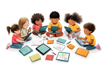 diverse group of children engaging digital devices books inclusivity knowledge school education