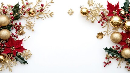 Festive Christmas Border with Red and Gold Ornaments.Elegant Christmas border featuring red and gold ornaments, snow-dusted pine branches, and festive berries on a white background.