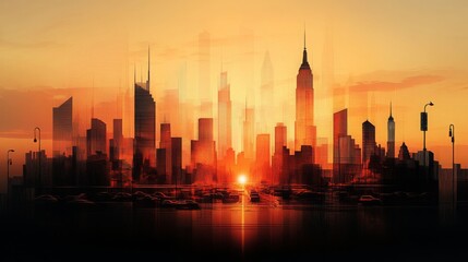 Cityscape Sunset Skyline Silhouette Abstract Art