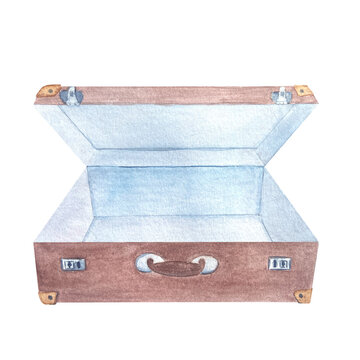 recommend clip art: An open vintage brown with blue suitcase illustration isolated on white. Hand drawn for stickers, stationary, traveling, souvenir decor and design, cards. Vintage clip art. Grandma's. Old-fashioned