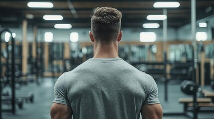 Young man in a gym, holding his back in pain after lifting weights, fitness and injury prevention concept