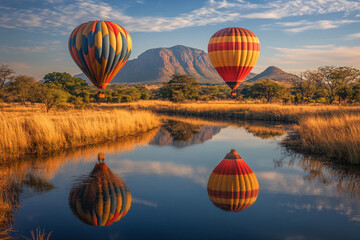 Fototapeta premium Colorful hot air balloons flying over mountain, Hot air balloon above high mountain at sunrise or sunset. 