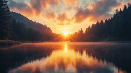 Fototapeta premium Sunset over a peaceful lake surrounded by forests