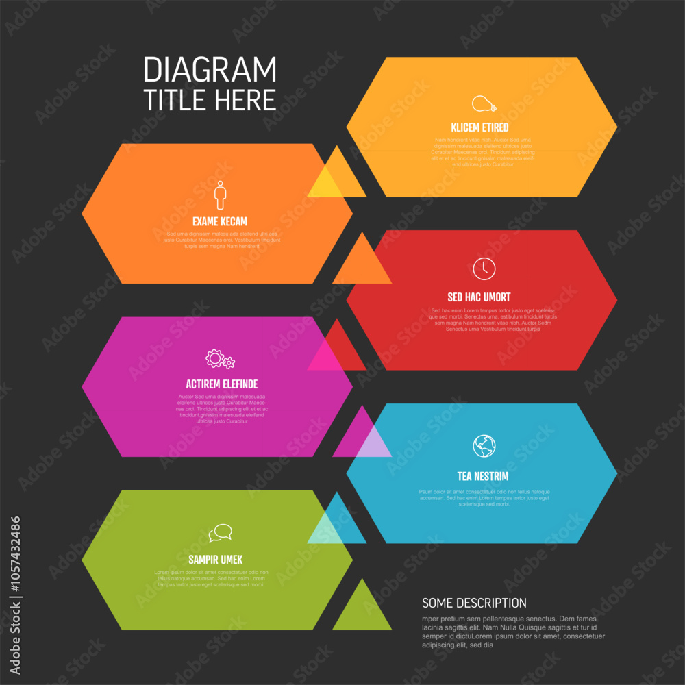 Poster six content hexagon shapes with arrows in process multipurpose infographic on dark gray background w