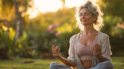 peaceful senior woman meditating in nature at sunset