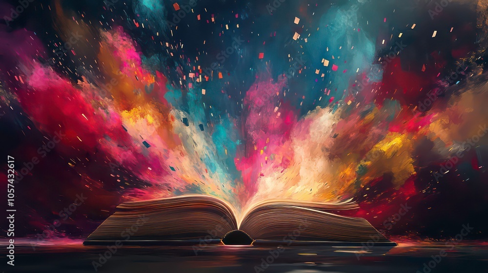 Poster an open book radiates colorful light and cosmic elements, symbolizing imagination and knowledge.