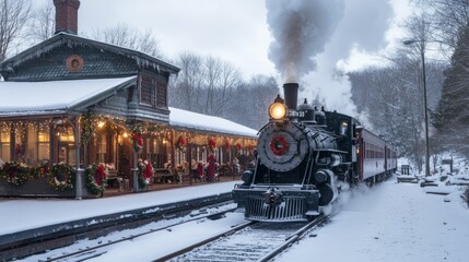 A train station in a snowy landscape with an old-fashioned train pulling into the platform, steam rising in the cold air, with