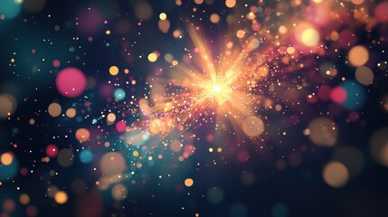 A vibrant burst of light radiating from the center, surrounded by soft bokeh lights in various shades of golden color. The