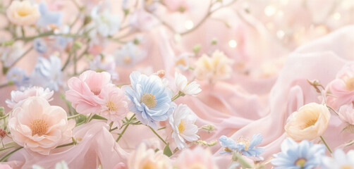 Soft pastel floral background with pink roses, blue daisies, and flowing fabric