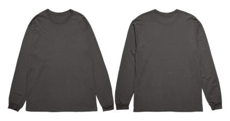 Two plain dark gray long sleeved shirts. Suitable for fashion designs, clothing store advertisements, and online retail website banners.