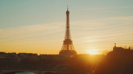 Obraz premium Eiffel Tower Silhouette at Sunset, Paris Iconic Landmark in Golden Light