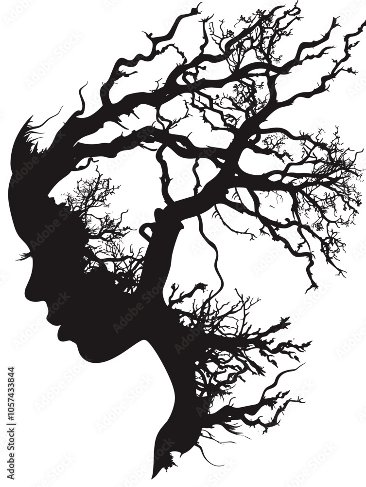 Poster black and white drawing of a head with trees growing out of it. the trees are thin and delicate, and