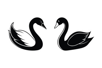 2 Sets of Black Swan Silhouette Vector Illustrations on White Background. 