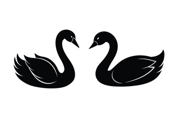 2 Sets of Black Swan Silhouette Vector Illustrations on White Background. 