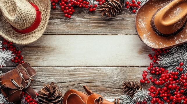 Western-style frame with empty center bordered by red berries, burlap ribbons, and cowboy gear, perfect for a Christmas theme on a snowy wooden background