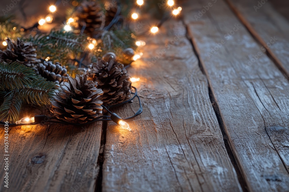 Wall mural A rustic wooden table adorned with pinecones and warm fairy lights during the holiday season