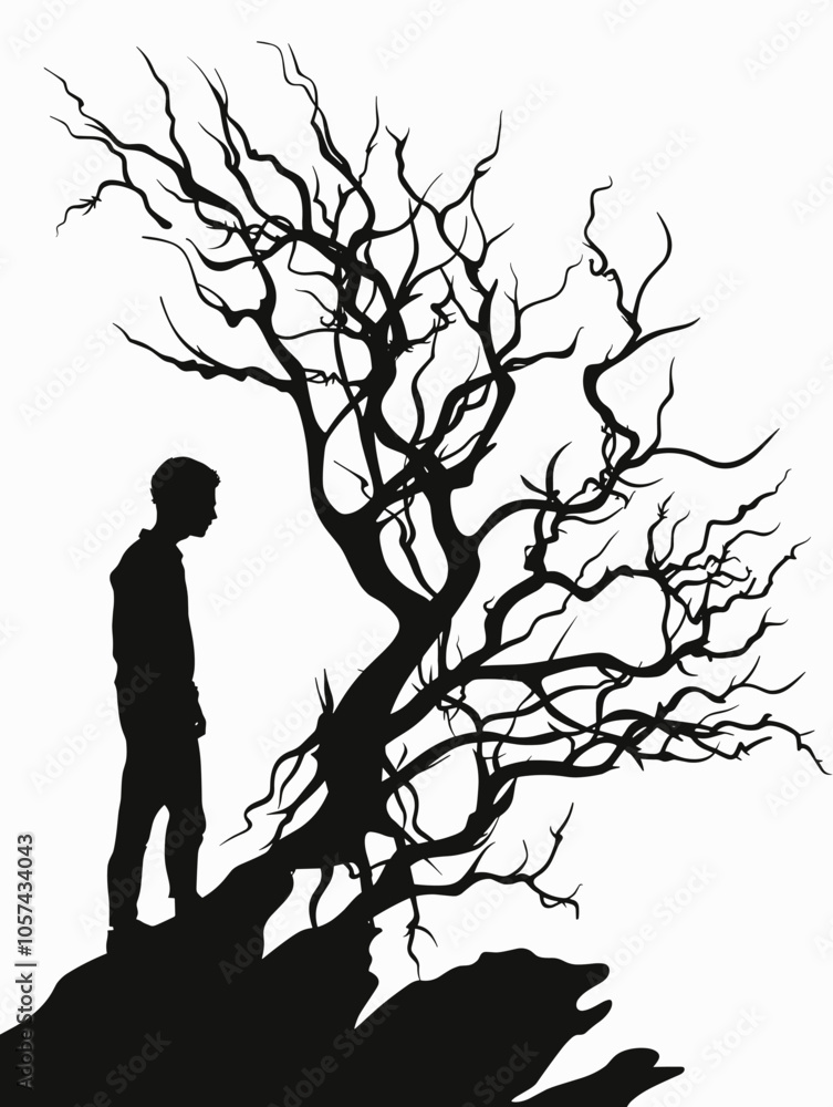 Poster man is standing in front of a tree with no leaves. the tree is bare and the man is looking at it. sc