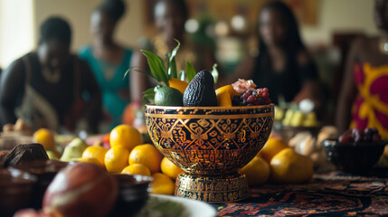 Kwanzaa Unity cup with fruit arrangement and family gathering