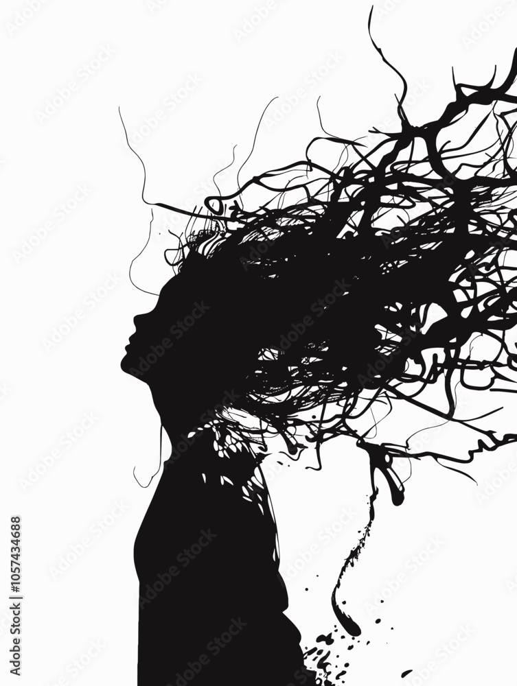 Poster black and white drawing of a head with trees growing out of it. the trees are thin and delicate, and