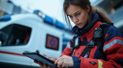Female paramedic using digital tablet to coordinate emergency medical response while inside an ambulance vehicle equipped with lights and sirens for urgent critical situation
