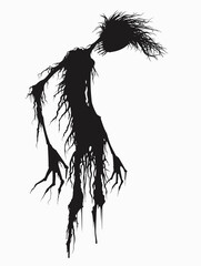 Creepy, twisted, and twisted figure with long, gnarly roots. The roots are all over the body, and the figure is standing on a white background. Scene is eerie and unsettling