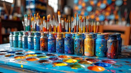 Colorful Art Supplies: Paint Brushes, Jars, and Palette