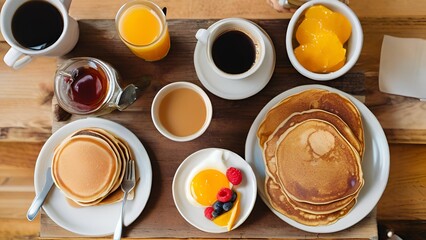 Top view of a table on a wooden floor at a cafe with breakfast food and drinks on it and two people sitting at the table.