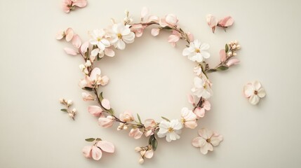 Elegant wedding invitation card design with a delicate floral wreath, featuring pastel-colored blossoms.