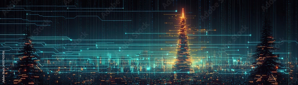 Poster a futuristic digital landscape featuring glowing trees and vibrant lights, creating a mesmerizing vi