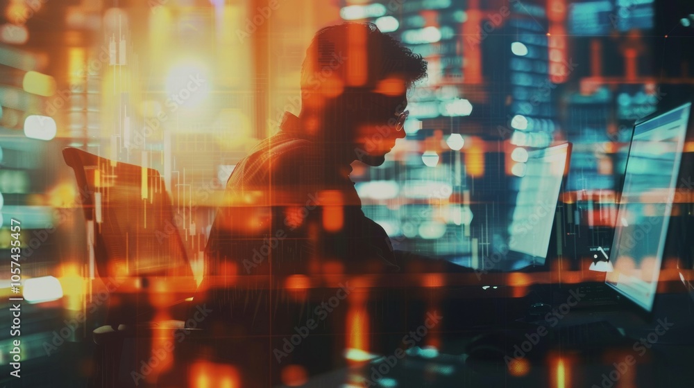 Poster silhouette of man working with digital interface overlay