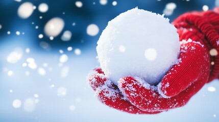 Hand holding a snowball in a snowy landscape with falling snowflakes.