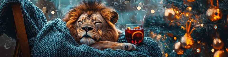Naklejka premium lion in a chair with wine. Selective focus