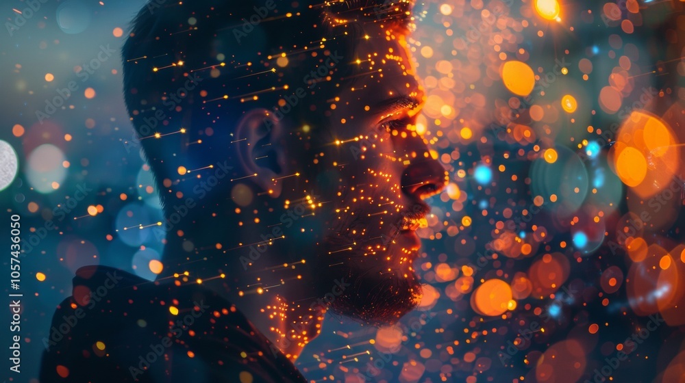 Poster man's profile with digital particles and bokeh light effects