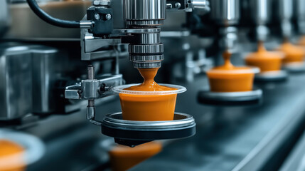 Close-up view of a food production machine dispensing orange liquid into plastic containers on a conveyor belt in an industrial setting.