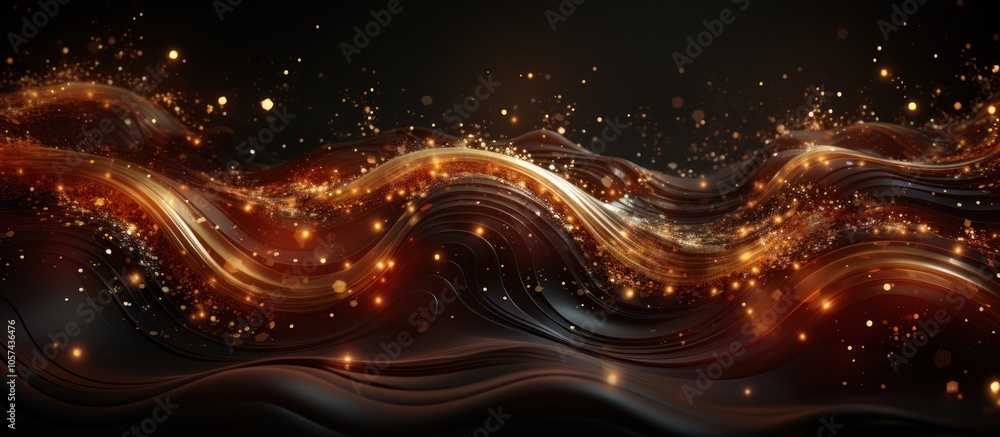 Poster abstract flowing waves with shimmering particles against a dark background.