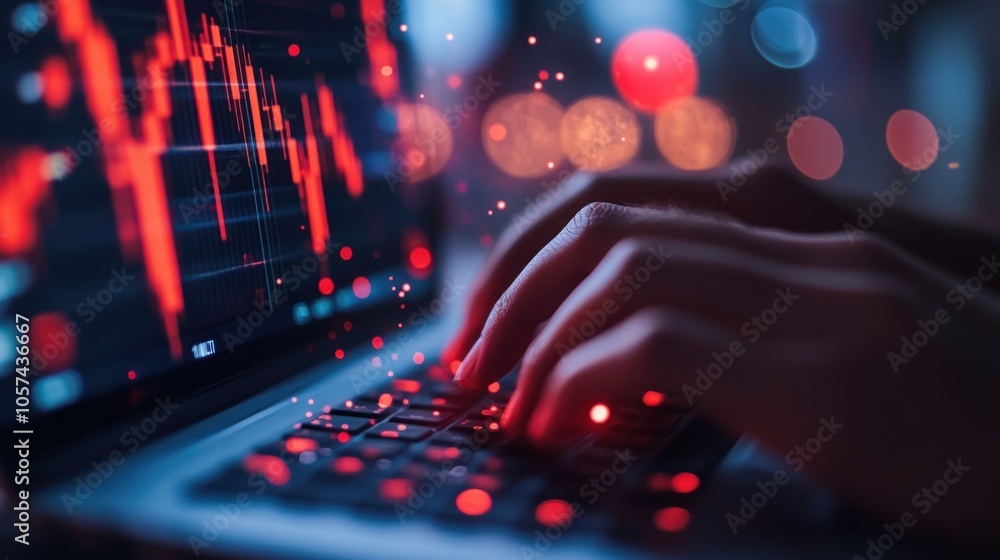 Poster hands typing on a laptop with a red stock chart displayed