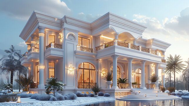 White neoclassical mansion reflecting in a pool with snow-covered garden, palm trees, illuminated at sunset - Powered by Adobe