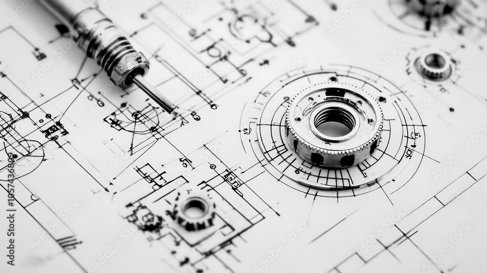 Aufkleber a technical drawing featuring mechanical components and tools for engineering design.