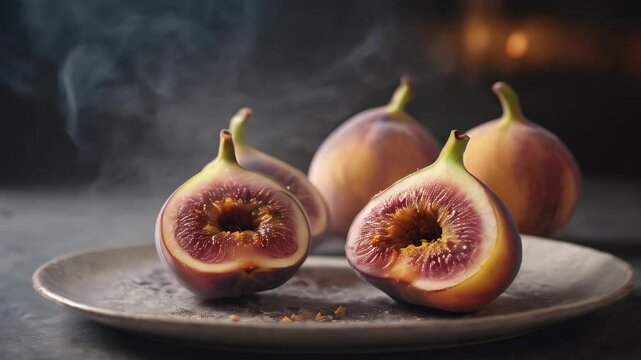 fig dessert on a black background, Generative AI.