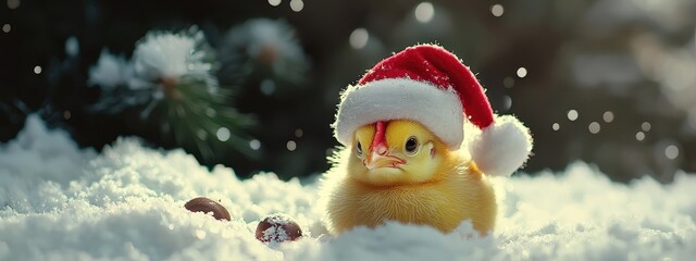 Chicken in a Santa Claus hat. Selective focus