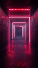 Dark underground passage with escolator and neon light, advertising light box, Mockup, tunnel with light beams