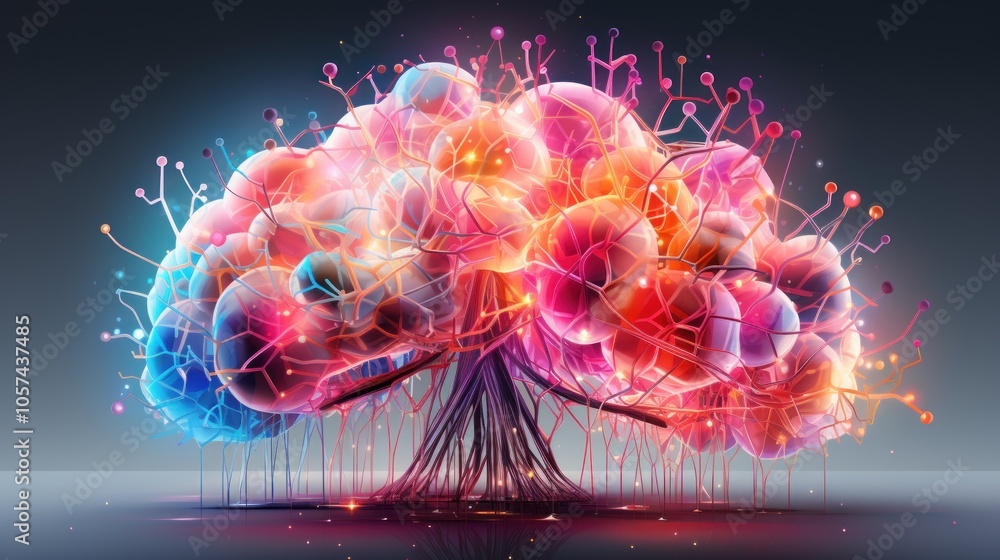 Poster a colorful, abstract representation of a brain with neural connections and vibrant colors.