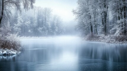 Frozen Lake in Winter Fog A serene frozen lake surrounded by snow-covered trees and shrouded in a thick, soft fog. The icy surface