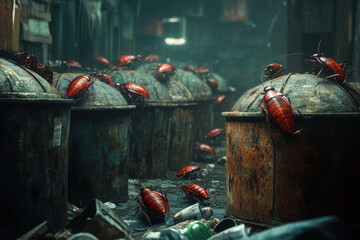 A bunch of red roaches are crawling on a pile of trash. The scene is dark and dirty, with the roaches scattered all over the area. Scene is unsettling and eerie